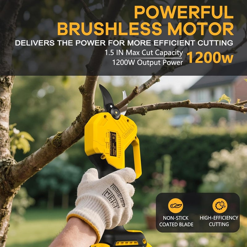 Okeelney مقص تقليم كهربائي لبطارية DeWalt 20V Max، قاطع فروع لاسلكي بدون فرشاة بسعة قطع 1.5 بوصة لتقليم الأشجار، والشجيرات، والبستنة - ضمان لمدة سنة واحدة - Image 2